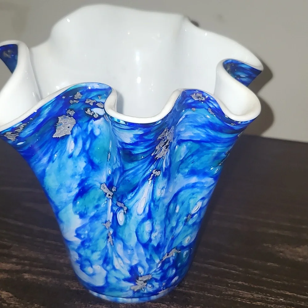 Alicja Poland Fluted Art Glass Handkerchief Vase Blue Silver